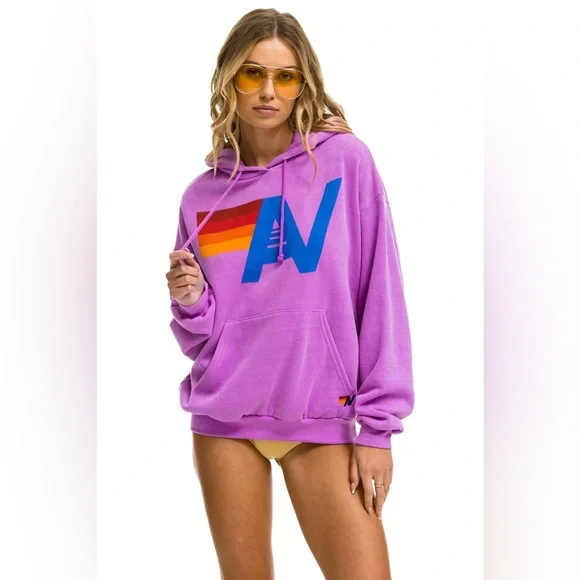AVIATOR NATION Logo Pullover Relaxed Hoodie in Neon Purple M - Picture 3 of 8